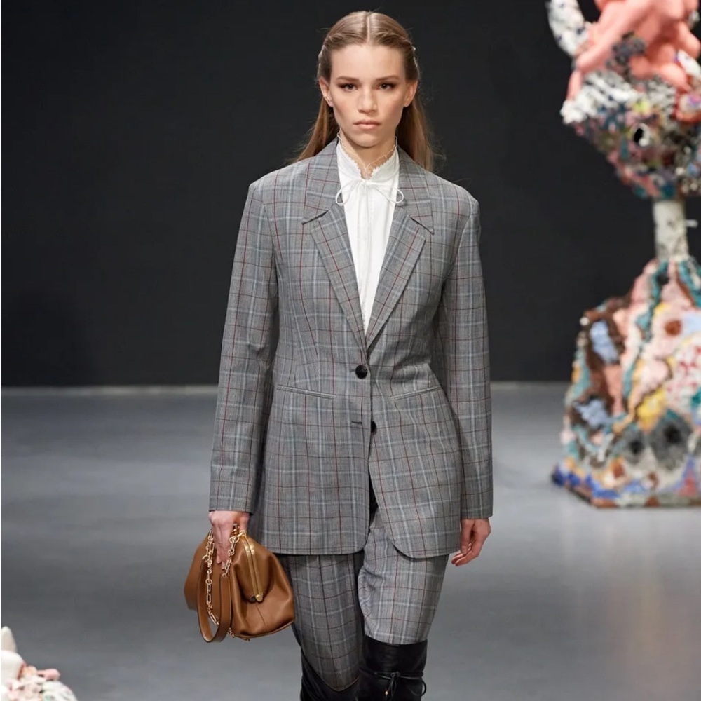 Tory Burch Runway Glen Plaid Check Single Breasted Oversized Blazer Jacket Grey